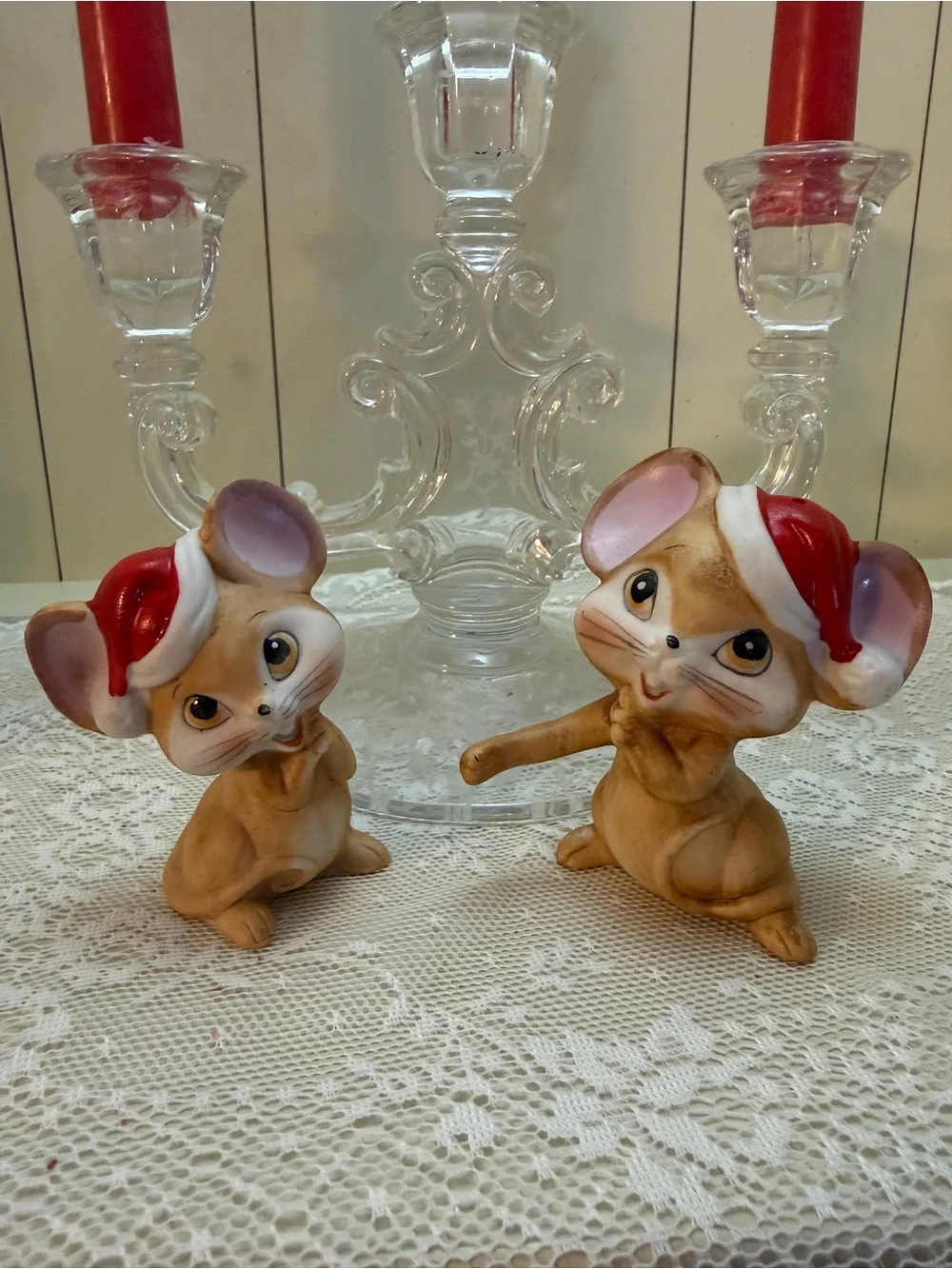 Vintage Christmas Ceramic Mouse Salt & Pepper Shakers with Red Santa Hats